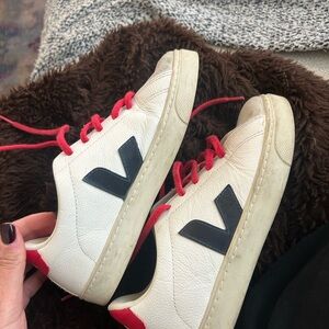 Kids Veja White Sneakers with Red Laces